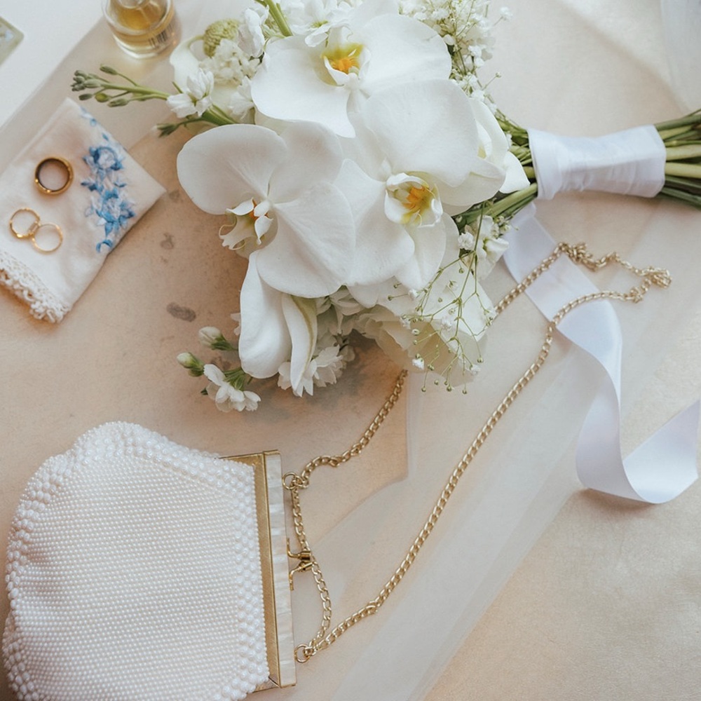 Vintage Bridal Pearl Clutch Purse with Gold Chain